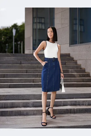 Chemistry Women Navy Blue Pure Cotton Denim A-Line Midi Skirt