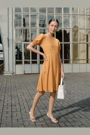 Chemistry Mustard Yellow Polka Dots Printed A-Line Dress