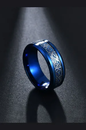 Yellow Chimes Men Blue Dragon Celtic Inlay Polish Titanium Steel Finger Ring