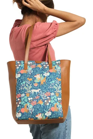 TEAL Floral Printed Structured Tote Bag with Tasselled