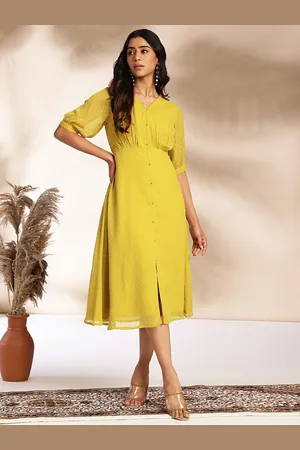 Janasya Puff Sleeve A-Line Midi Dress