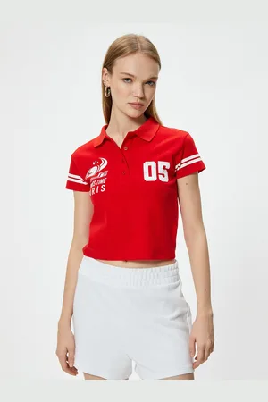 Koton Women Graphic Printed Polo Collar Cotton T-Shirt