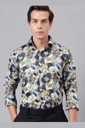 HANCOCK Men New Spread Collar Abstract Printed Cotton Slim Fit Party Shirt