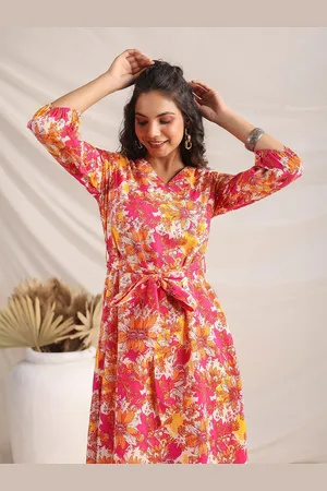 Janasya Floral Printed Cotton A-Line Midi Dress