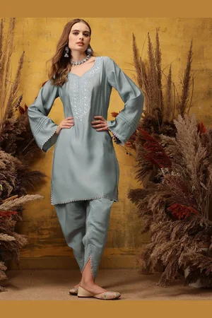 indo street Floral Embroidered V-Neck Straight Kurta with Dhoti Pant