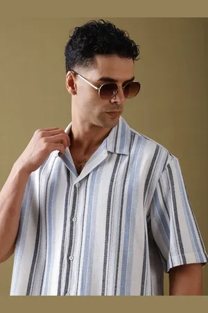 Dillinger Men Standard Cuban Collar Vertical Striped Cotton Casual Shirt