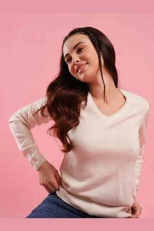 Globus Women Solid V-Neck Ribbed Knitted Pullover