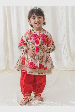 Tiber Taber Girls Floral Printed Angrakha Gotta Patti Pure Cotton Kurti with Salwar