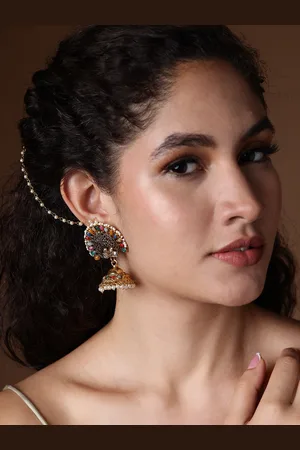 PANASH Women Gold-Toned Dome Shaped Multicolored Stone studded Jhumkas Earrings