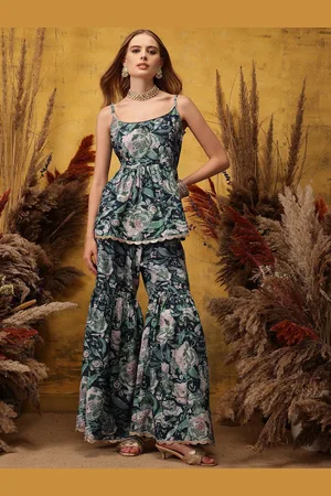 indo street Floral Printed Shoulder Straps A-Line Kurta with Sharara