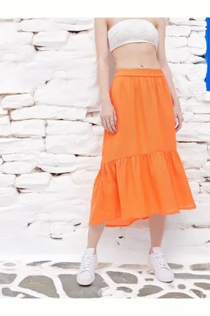 DressBerry Women Dream In Orange Gathered A-line Midi Skirt