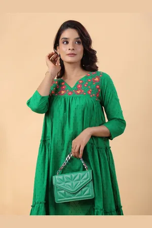 Janasya Floral Embroidered Cotton Pleated A-Line Midi Dress