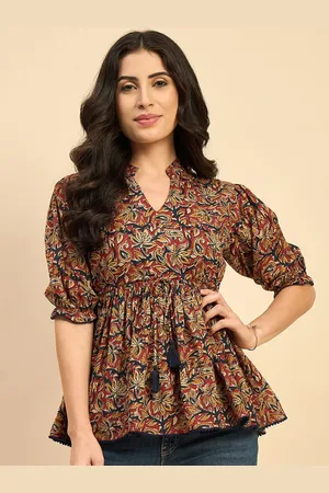 Azira Women Ethnic Printed Mandarin Collar Cotton Top