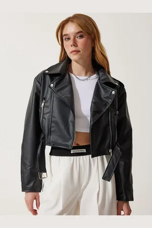 Happiness istanbul Women Solid Leather Crop Jacket