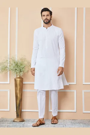 See Designs Floral Embroidered Mandarin Collar Pure Cotton Straight Kurta With Trousers