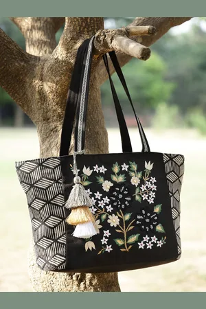 Anekaant Floral Embroidered Cotton Jacquard Tote Bag