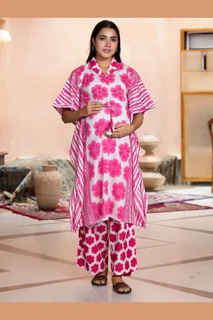 Aujjessa Floral Printed Pure Cotton Kaftan Maternity Kurta with Palazzo