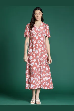 DressBerry Floral Print Flared Sleeve A-Line Midi Dress