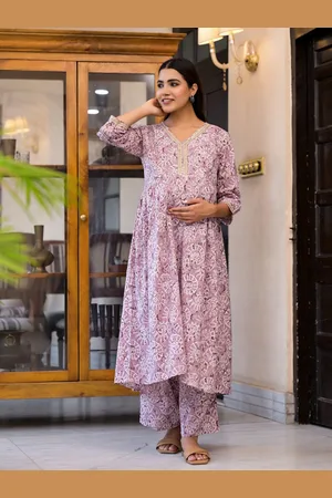Aujjessa Ethnic Motifs Printed Gotta Patti Pure Cotton Maternity Kurta with Trouser