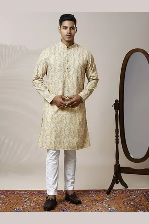 BE DESI Abstract Printed Thread Work Mandarin Collar Straight Kurta with Pyjamas