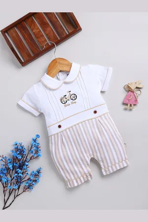 Moms Love Infant Girls Striped Cotton Rompers with Applique Detail