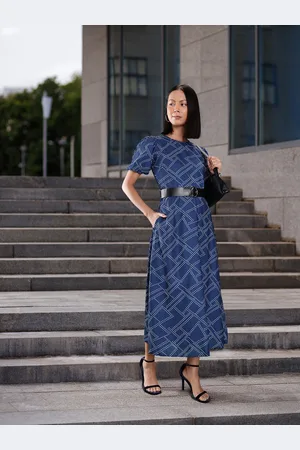 Chemistry Printed Puff Sleeves A-Line Midi Dress with Belt