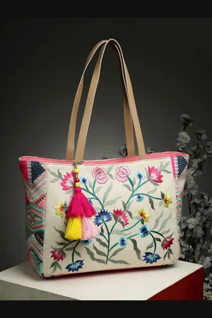 Anekaant Floral Embroidered Cotton Jacquard Structured Tote Bag
