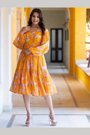 ASPORA Floral Printed Puff Sleeves Fit & Flare Dress