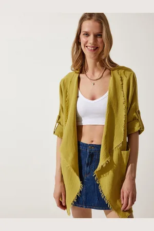 Happiness istanbul Women Solid Longline Pure Cotton Open Front Jacket