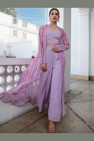 Janasya Chevron Printed Sweetheart Neck Top With Palazzos & Jacket
