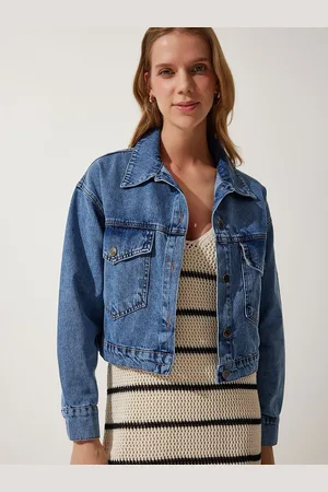 Happiness istanbul Women Washed Crop Pure Cotton Denim Jacket