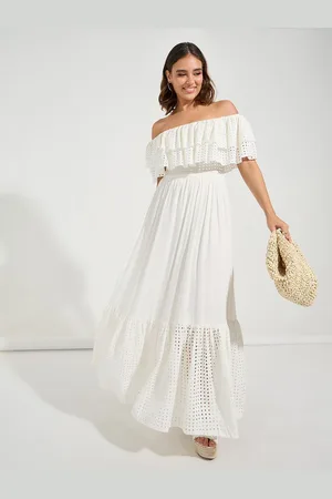 Styli Women Off Shoulder Schiffli Tiered Pure Cotton Maxi Length Dress