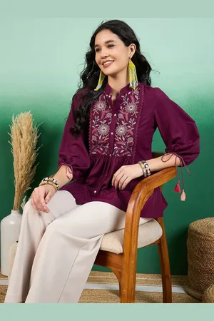 Sangria Women Embroidered Floral Print Mandarin Collar Top