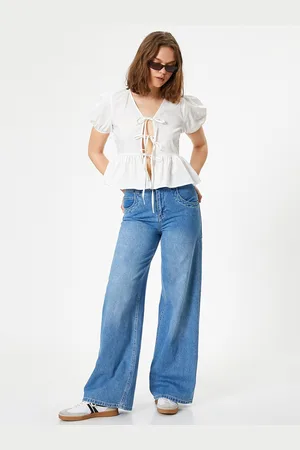Koton Women Solid Tie-Up Neck Cotton Top