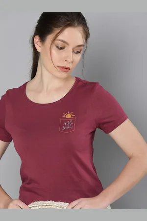 HERE&NOW Women Burgundy Solid Pure Cotton T-shirt