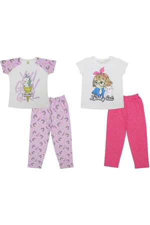 Clothe Funn Girls Pack of 2 Printed Pure Cotton T-shirt with Pyjamas