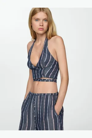 MANGO Striped Halter Neck Waist Tie-up Crop Top