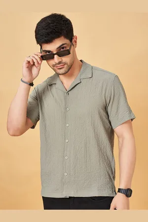PEOPLE Men Cuban Collar Solid Slim Fit Casual Shirt