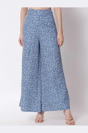 KOTTY Women Blue and White Floral Printed Relaxed Flared High-Rise Trousers