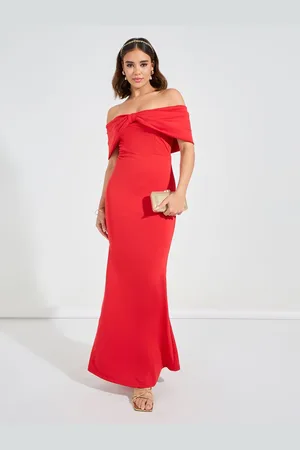 Styli Women Cherry Red Off Shoulder Bow Style Bodycon Maxi Dress