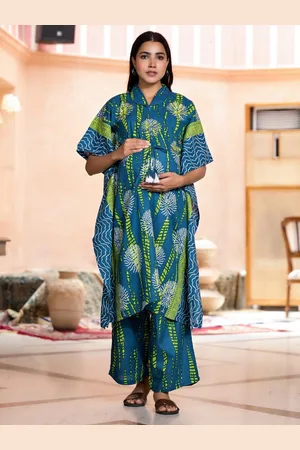 Aujjessa Ethnic Printed Beads and Stones Pure Cotton Kaftan Maternity Kurta with Palazzo