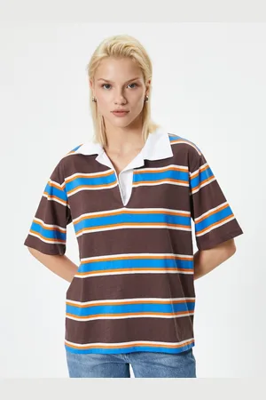 Koton Women Striped Polo Collar Cotton Oversized T-Shirt