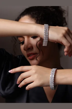 PANASH Set of 2 White AD Stone-Studded Rhodium-Plated Handcrafted Bangles