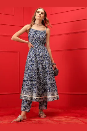indo street Floral Printed Shoulder Straps A-Line Kurta With Trousers