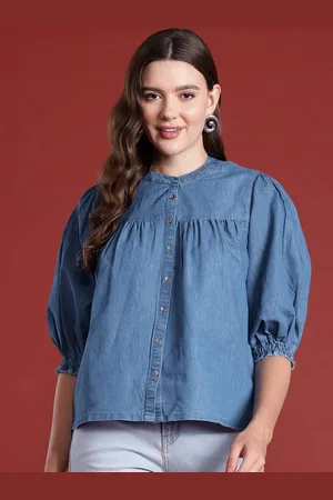 all about you Puff Sleeves Chambray Shirt Style Top
