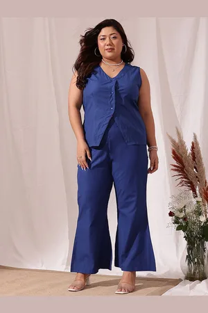 CURVY STREET Plus Size V-Neck Sleeveless Pure Cotton Top With Trousers