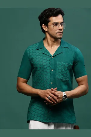 Sangria Men Modern Cuban Collar Self Design Cotton Casual Shirt