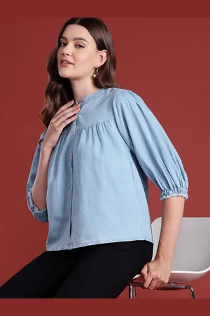 all about you Puff Sleeves Chambray Shirt Style Top