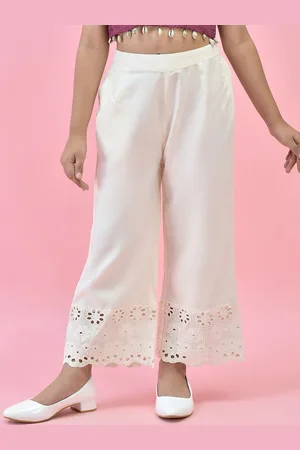 Juniper Girls Relaxed Straight Fit Cotton Parallel Trousers with Schiffli Hem