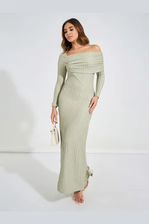 Styli Women Green Off Shoulder Neck Textured Sheath Maxi Dress